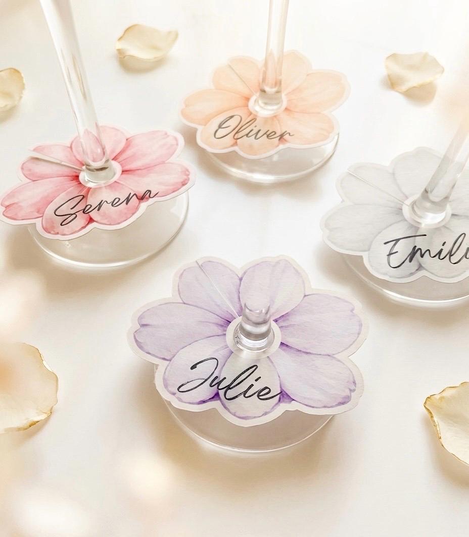 Personalized Flower Wine Glass Place Cards